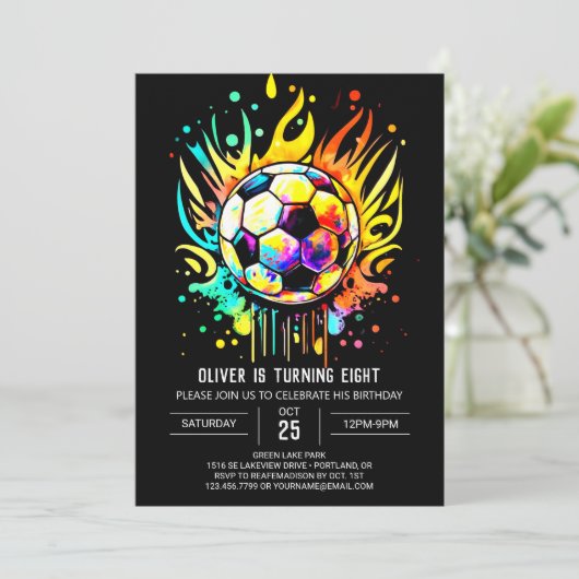 サッカーモダンキッズウォーターカラー誕生日 招待状 (スタンド正面)