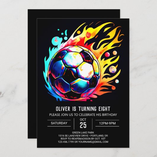 サッカーモダンキッズ編集可能誕生日 招待状 (正面/裏面)