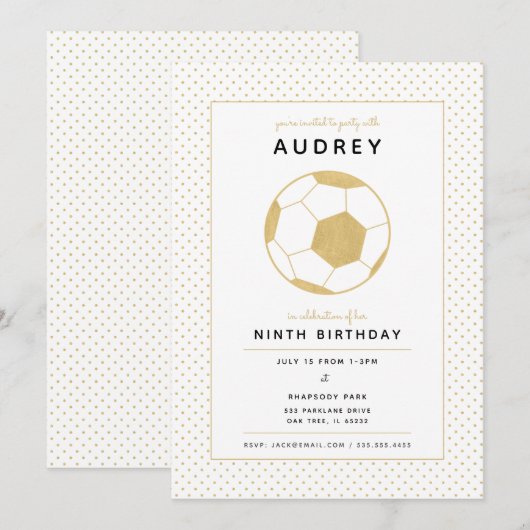 サッカーモダンスターホワイトアンド金ゴールドスポーツ誕生日 招待状 (正面/裏面)