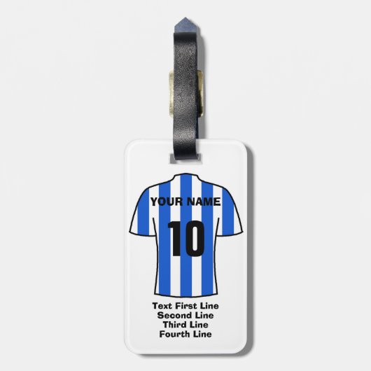 サッカーラゲッジタグ – 青と白のシャツ付き ラゲッジタグ (裏面縦)