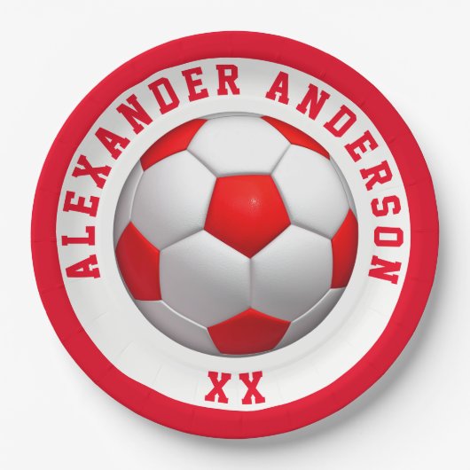 サッカーレッドネームとジャージーパーソナライズ   ペーパープレート (正面)