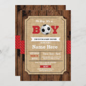 サッカーレッドボーイベイビーシャワーウッドフットボール招待状 招待状 (正面/裏面)