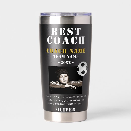 サッカー写真 ありがとう ベストコーチ 保温保冷タンブラー (正面)