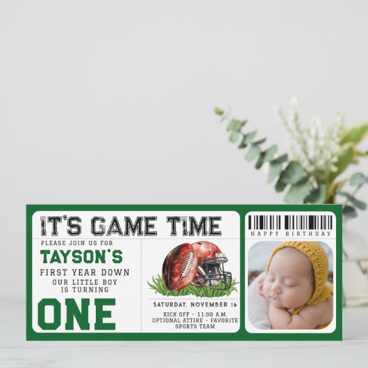 サッカー初年ダウン1歳の誕生日チケット写真 招待状 (スタンド正面)