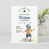 サッカー初心者1歳の誕生日フォト招待状 招待状 (スタンド正面)
