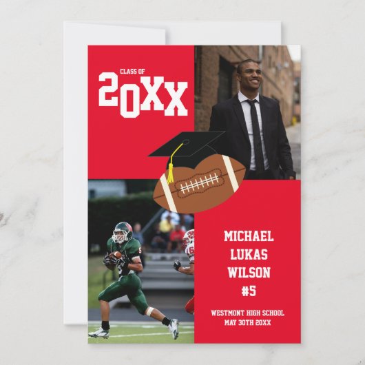 サッカー卒業式スポーツ赤アナウンス 招待状 (正面)