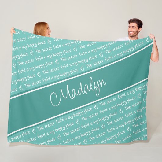 サッカー場は私の幸せな場所ティール(緑がかった色)白 フリースブランケット (インサイチュ)