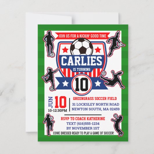 サッカー場 フットボール 女子 誕生日パーティー 招待状 (正面)