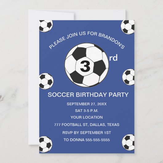 サッカー大好き3歳誕生日パーティー 青いスポーツ ボーイズ 招待状 (正面)