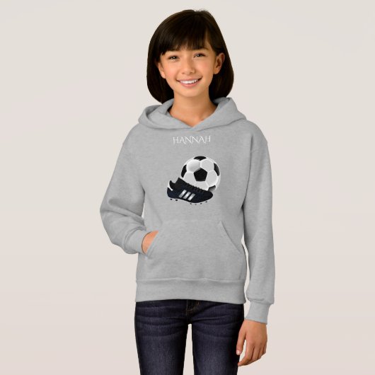 サッカー女子グレー·フード付きスウェットシャツパーソナライズされた。 (正面フル)