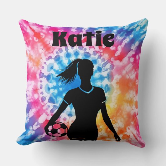 サッカー女子パーソナライズされたタイ – レインボーアクアレ クッション (正面)