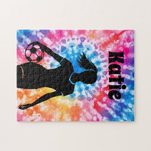 サッカー女子パーソナライズされたタイ – レインボーアクアレ ジグソーパズル (横)