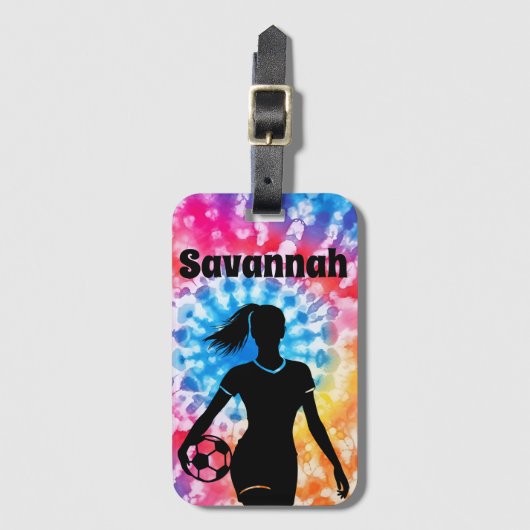 サッカー女子パーソナライズされたタイ – レインボーアクアレ ラゲッジタグ (正面縦)