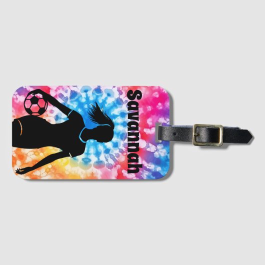 サッカー女子パーソナライズされたタイ – レインボーアクアレ ラゲッジタグ (正面横)