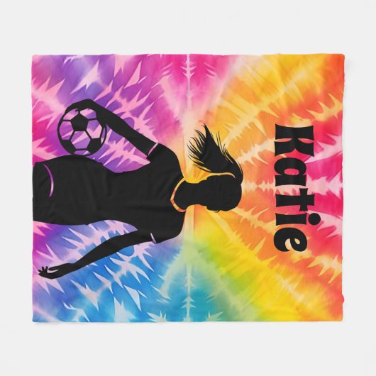 サッカー女子パーソナライズされたネクタイ染めレインボーバースト フリースブランケット (正面(横))