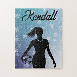 サッカー女子パーソナライズされた冬の雪グラデーション片 ジグソーパズル
