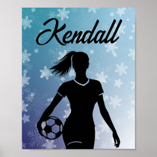 サッカー女子パーソナライズされた冬の雪グラデーション片 ポスター