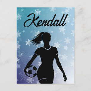 サッカー女子パーソナライズされた冬の雪グラデーション片 ポストカード