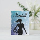 サッカー女子パーソナライズされた冬の雪グラデーション片 ポストカード (スタンド正面)