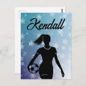 サッカー女子パーソナライズされた冬の雪グラデーション片 ポストカード (正面/裏面)