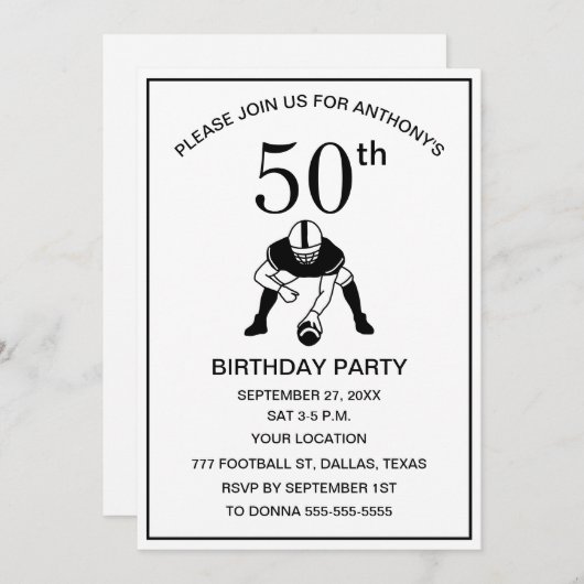 サッカー好きなパパの50歳誕生日パーティー 黒 スポーツ 招待状 (正面/裏面)