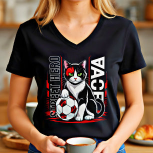 サッカー好きな猫のストリートヒーロー クールなグラフィックギフト Tシャツ