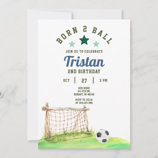 サッカー好きな2歳の誕生日パーティに サッカー ボール 2歳 誕生日 招待状 (正面)