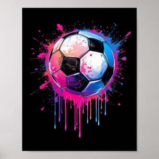 サッカー少年少女カラフルサッカーのドリップ ポスター (正面)