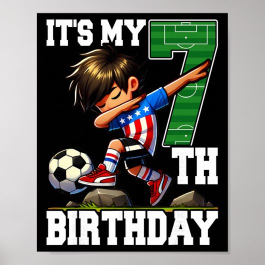 サッカー少年 アメリカ国旗 7歳の誕生日おめでとう ポスター (正面)