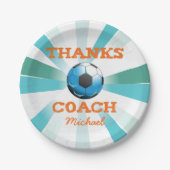 サッカー感謝していコーチ、オレンジのティール(緑がかった色)、ブルースターバー ペーパープレート (正面)