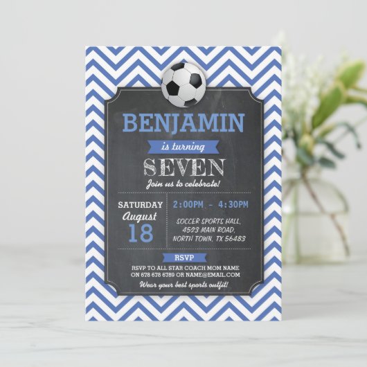サッカー招待状パーティー誕生日スポーツブルーフットボール 招待状 (スタンド正面)