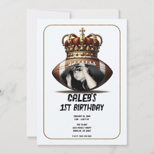 サッカー王金ゴールド王冠の写真1st誕生日 招待状 (正面)