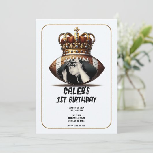 サッカー王金ゴールド王冠の写真1st誕生日 招待状 (スタンド正面)