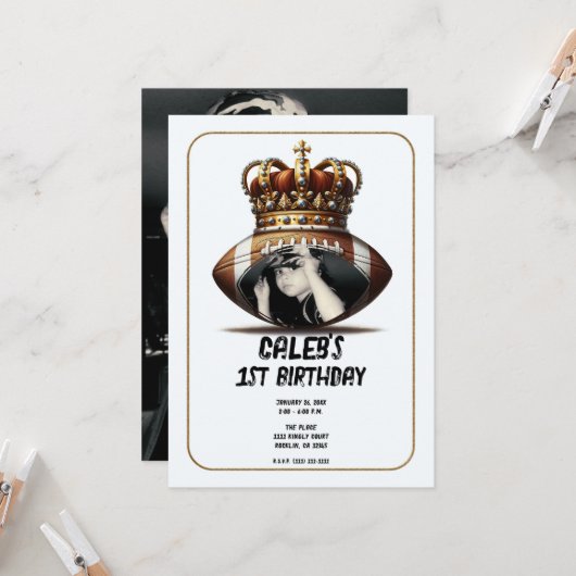 サッカー王金ゴールド王冠の写真1st誕生日 招待状 (正面/裏面インサイチュ)
