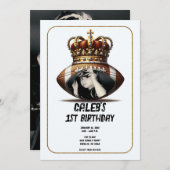 サッカー王金ゴールド王冠の写真1st誕生日 招待状 (正面/裏面)