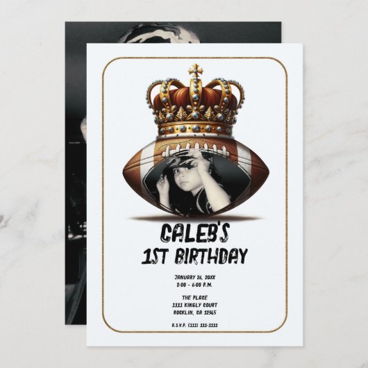 サッカー王金ゴールド王冠の写真1st誕生日 招待状 (正面/裏面)