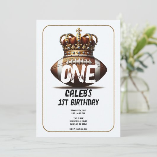 サッカー王金ゴールド王冠フォトバック1歳の誕生日 招待状 (スタンド正面)