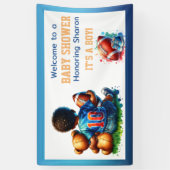 サッカー男の赤ちゃんとテディ赤ちゃんシャワーへようこそ 横断幕 (縦)