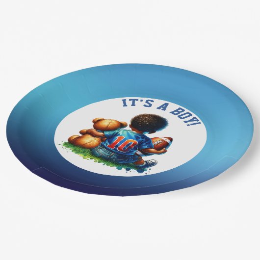 サッカー男の赤ちゃんとテディ赤ちゃんシャワー男の子 ペーパープレート (アングル)