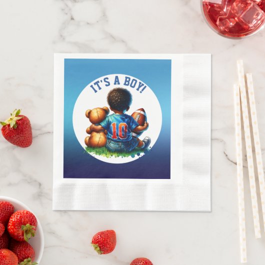 サッカー男の赤ちゃんとテディ赤ちゃんシャワー男の子 縁ありランチョンナプキン (インサイチュ)