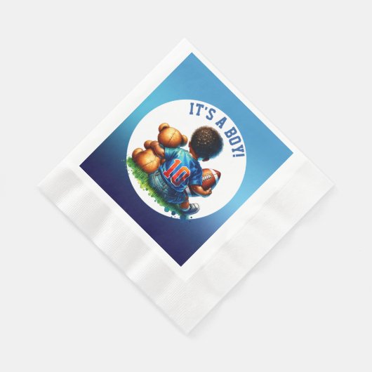 サッカー男の赤ちゃんとテディ赤ちゃんシャワー男の子 縁ありランチョンナプキン (角)