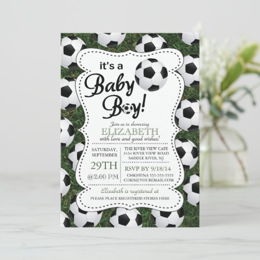サッカー男の赤ちゃんの赤ちゃんシャワー 招待状 (スタンド正面)