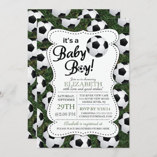 サッカー男の赤ちゃんの赤ちゃんシャワー 招待状 (正面/裏面)