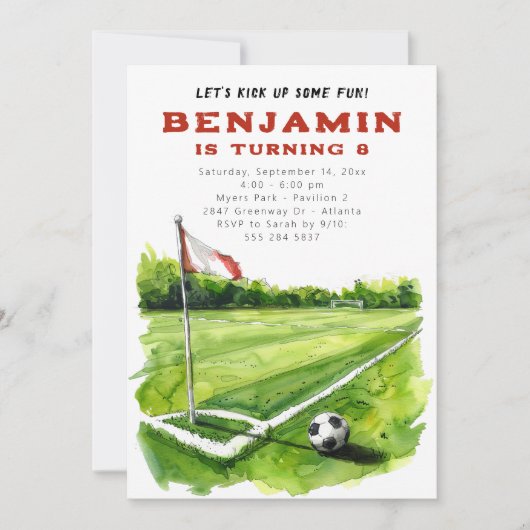 サッカー誕生日パーティーの招待 – フットボール誕生日 招待状 (正面)