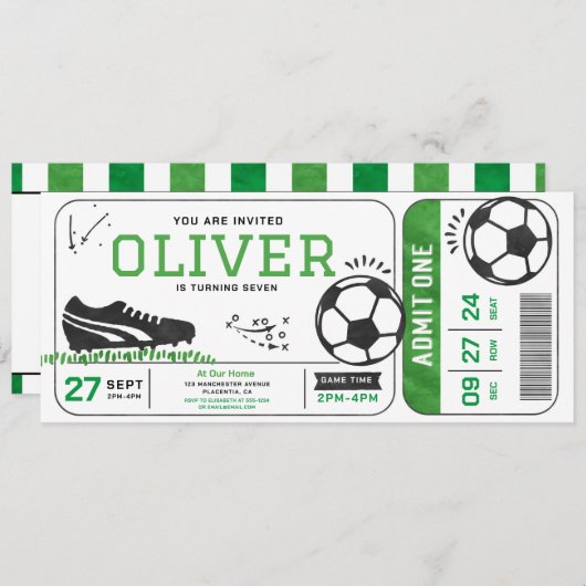 サッカー誕生日パーティーチケットスポーツデジタル 招待状 (正面/裏面)