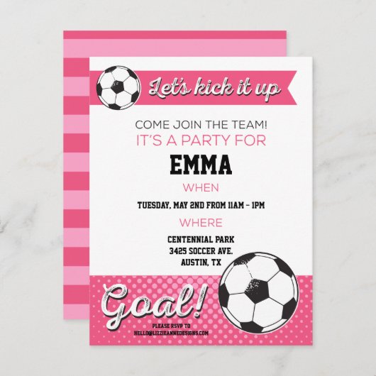 サッカー誕生日パーティー招待状4.25x5.5 -ガール 招待状 (正面/裏面)