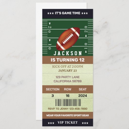 サッカー誕生日招待状サッカーチケットパーティー 招待状 (正面/裏面)