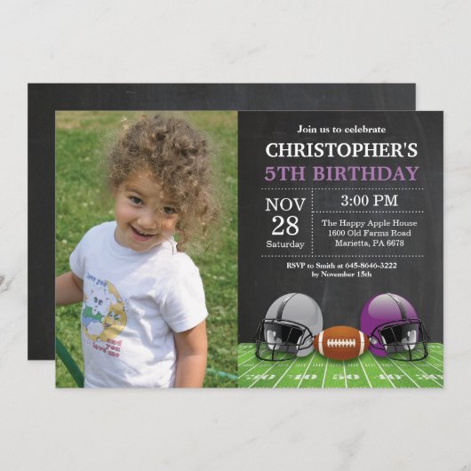 サッカー誕生日招待状バースデーパーティーパープル 招待状 (正面/裏面)