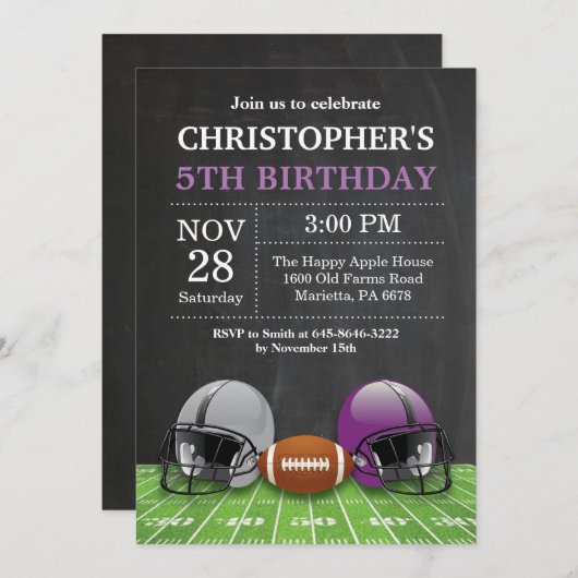 サッカー誕生日招待状バースデーパーティーパープル 招待状 (正面/裏面)