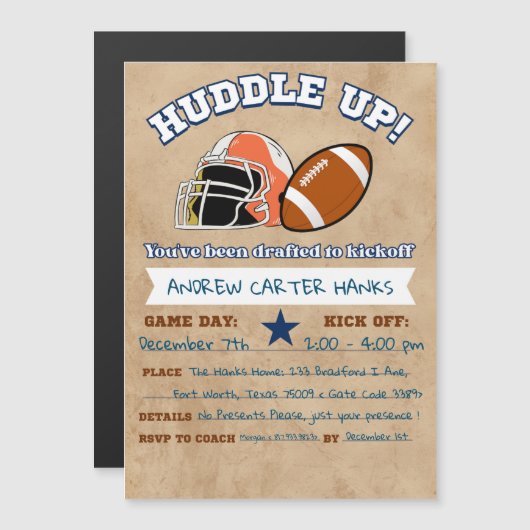 サッカー誕生日招待状ボーイズHuddle up! マグネット招待状 (正面/裏面)